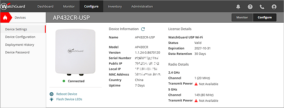 Screen shot of the Device Settings page in WatchGuard Cloud